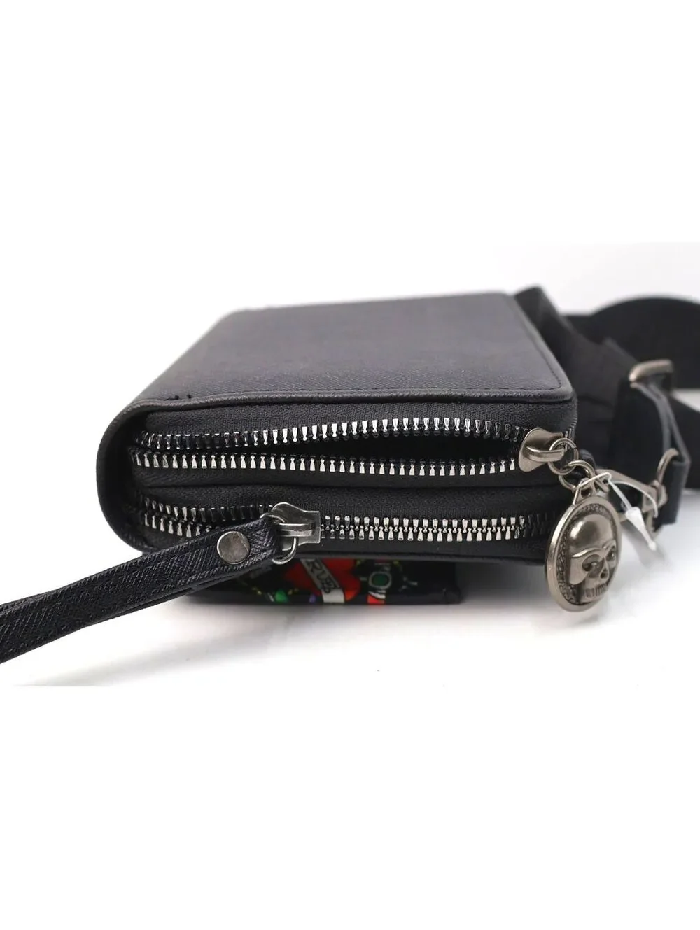 Ed Hardy Black Tattoo Print Crossbody Wallet with Adjustable Strap
